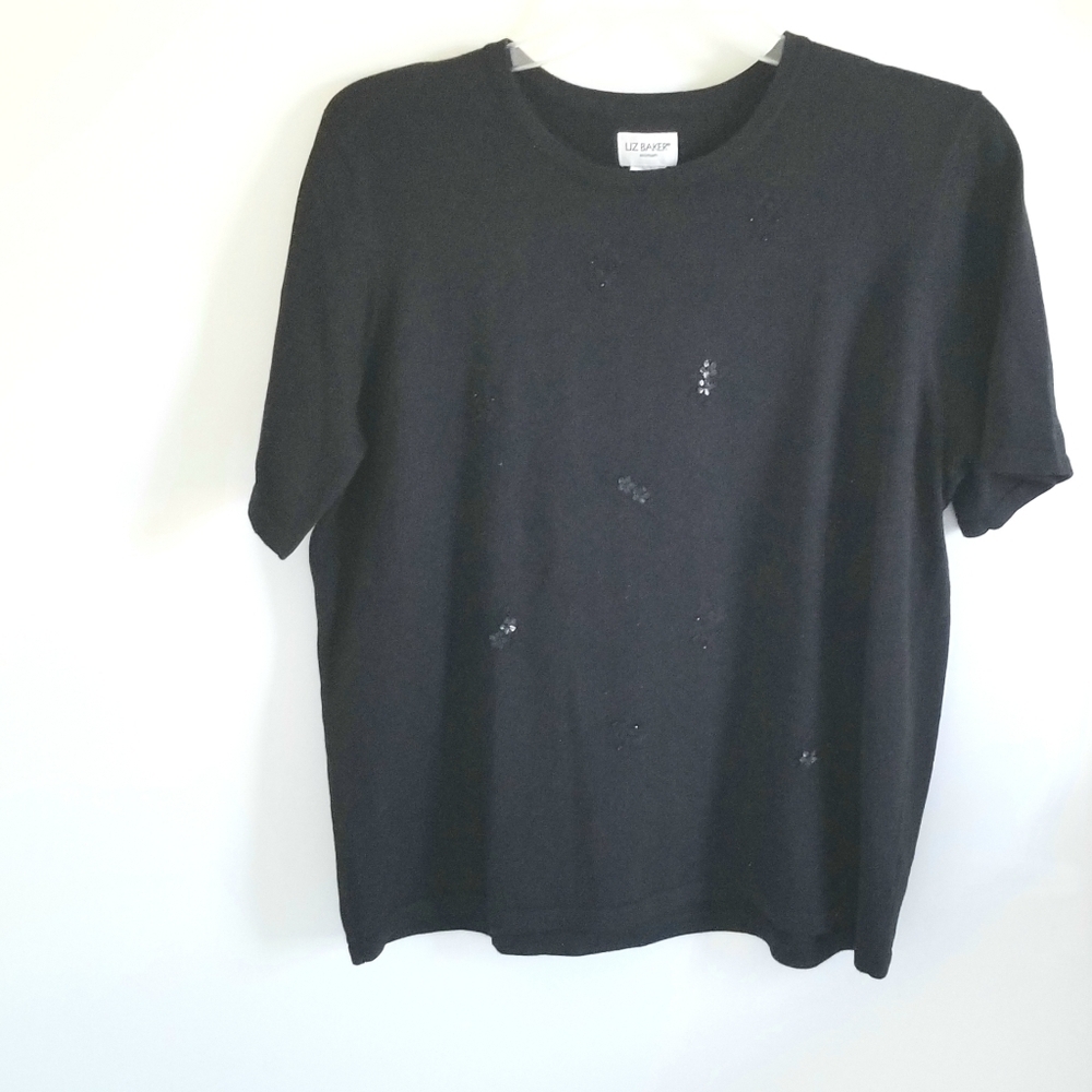 Liz Baker Black Beaded Knit short sleeve top plus Size